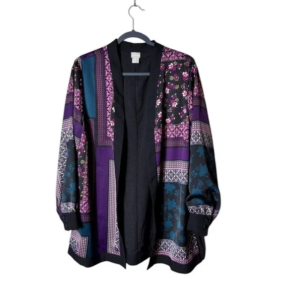 Chicos Womens Patchwork Kimono Cardigan Duster Size Large Purple Bohemian Floral - Picture 2 of 7